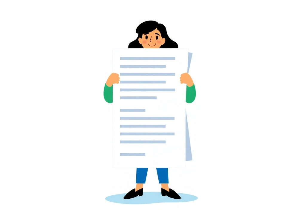 Illustration of a person holding a large document with legal text, symbolizing user rights